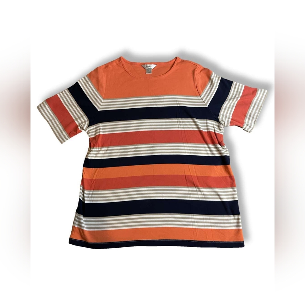 CJ Banks Orange Striped Short-Sleeve Crew-Neck Top, Size 1X